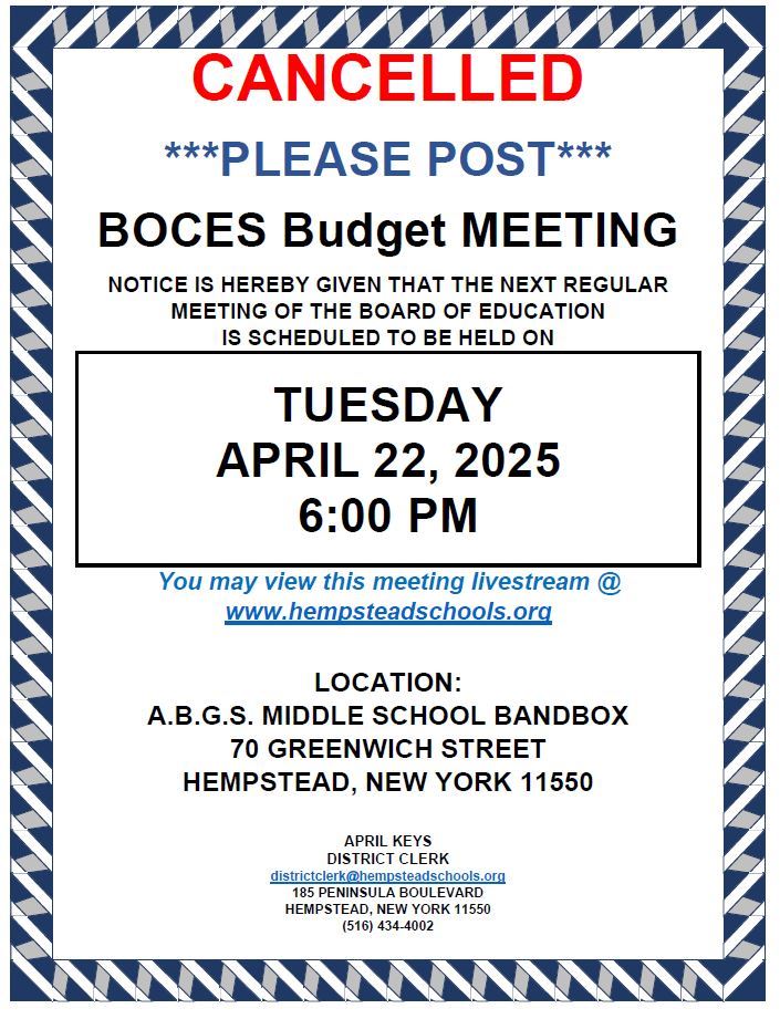  BOCES Budget Meeting - CANCELLED