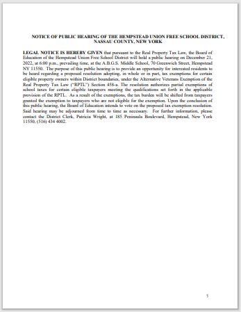  Public Notice for Veteran Tax Exemption Resolution