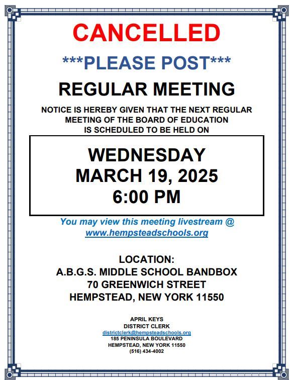  Board of Education - Regular Meeting - Cancelled