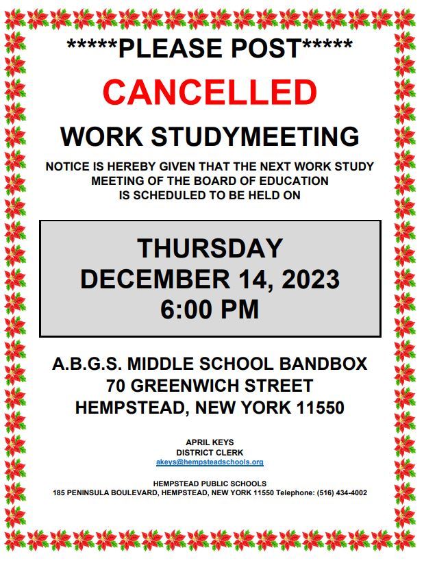  Work Study Board of Education Meeting - Cancelled
