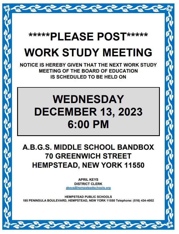  Board of Education - Work Study Meeting - December 13, 2023
