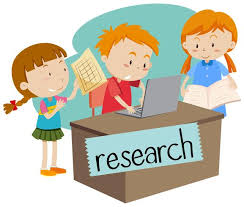 One kid is holding a piece of paper, another kid is holding a book and the third kid is typing. The word research in in front One kid is holding a piece of paper, another kid is holding a book and the third kid is typing. The word research in in front